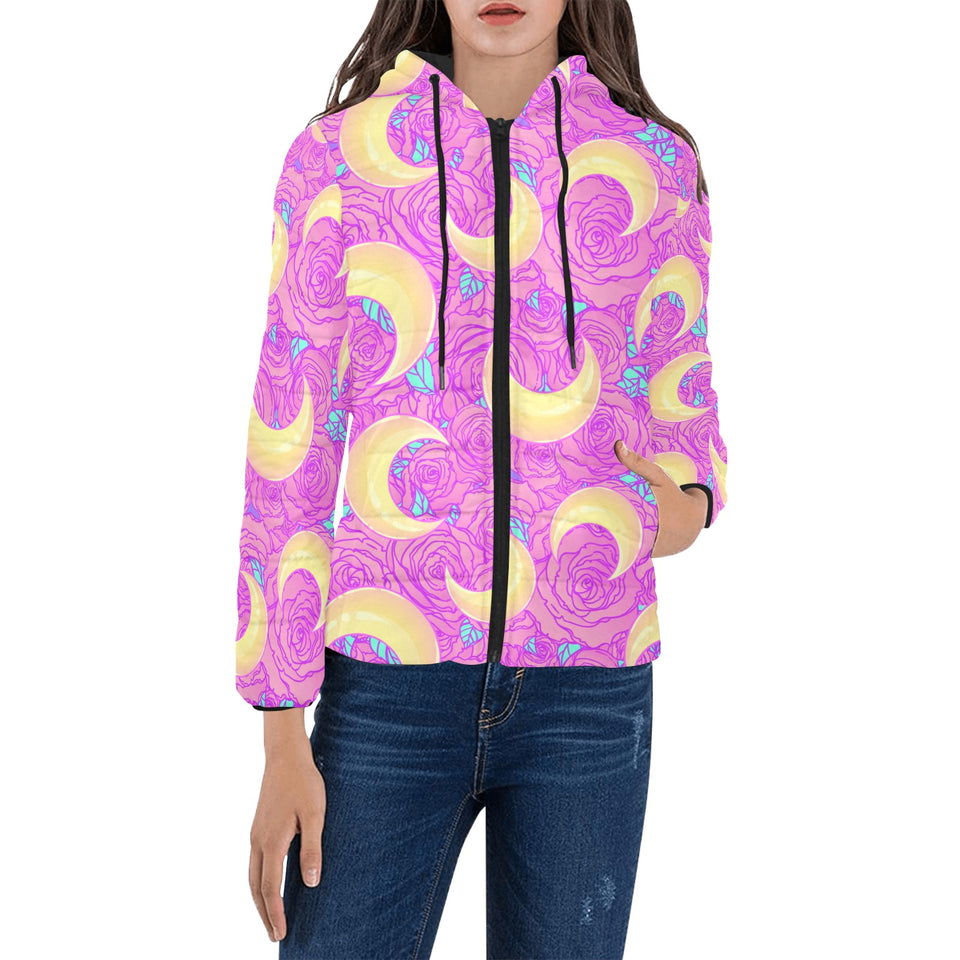 Moon pink rose background Women's Padded Hooded Jacket