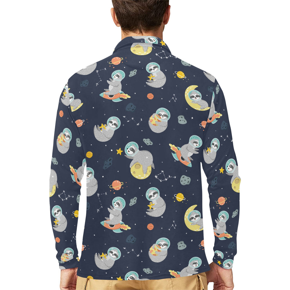 Cute sloth astronaut star planet rocket pattern Men's Long Sleeve Polo Shirt