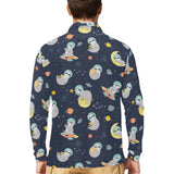 Cute sloth astronaut star planet rocket pattern Men's Long Sleeve Polo Shirt