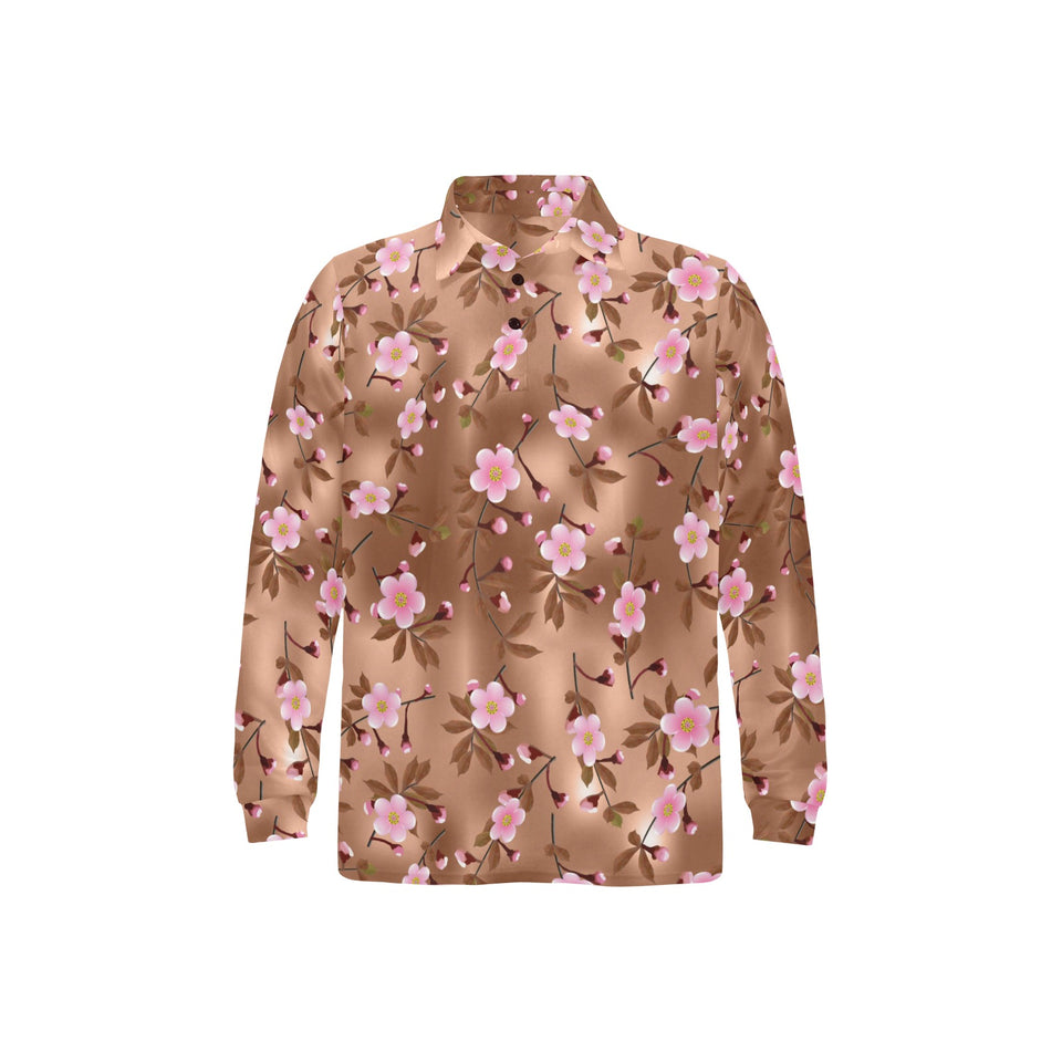 Pink sakura cherry blossom drak brown background Men's Long Sleeve Polo Shirt