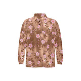 Pink sakura cherry blossom drak brown background Men's Long Sleeve Polo Shirt