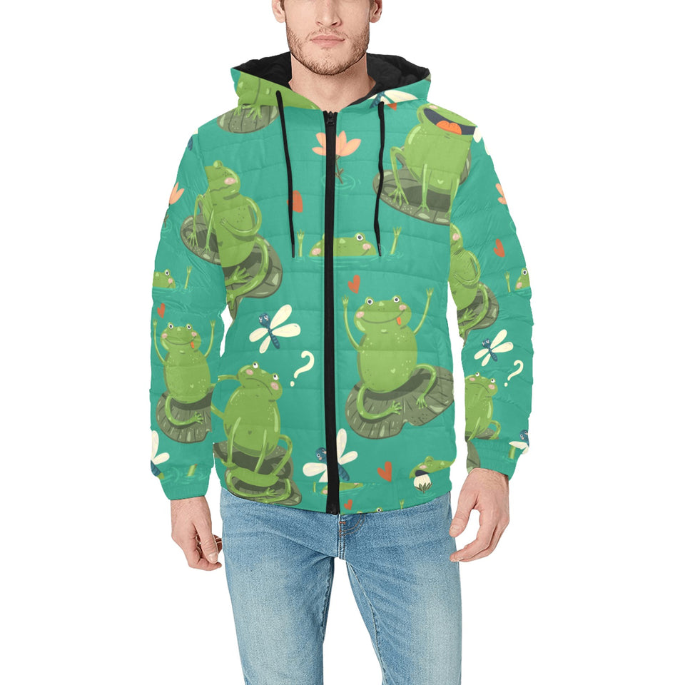 Cute frog dragonfly design pattern Men's Padded Hooded Jacket