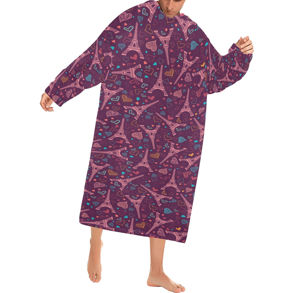 Eiffel Tower Heart Pattern Print Design 04 Blanket Robe with Sleeves