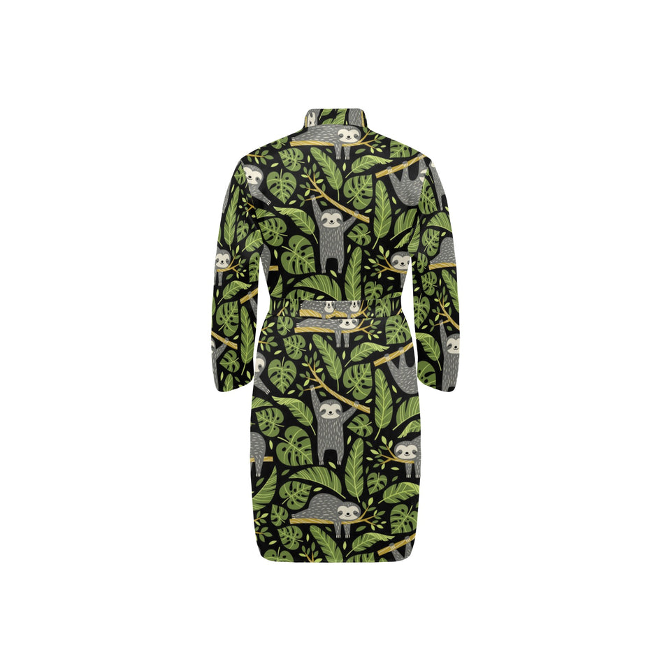 Cute sloths tropical palm leaves black background Men's Long Sleeve Belted Night Robe