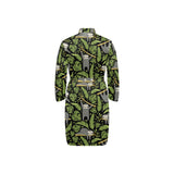 Cute sloths tropical palm leaves black background Men's Long Sleeve Belted Night Robe