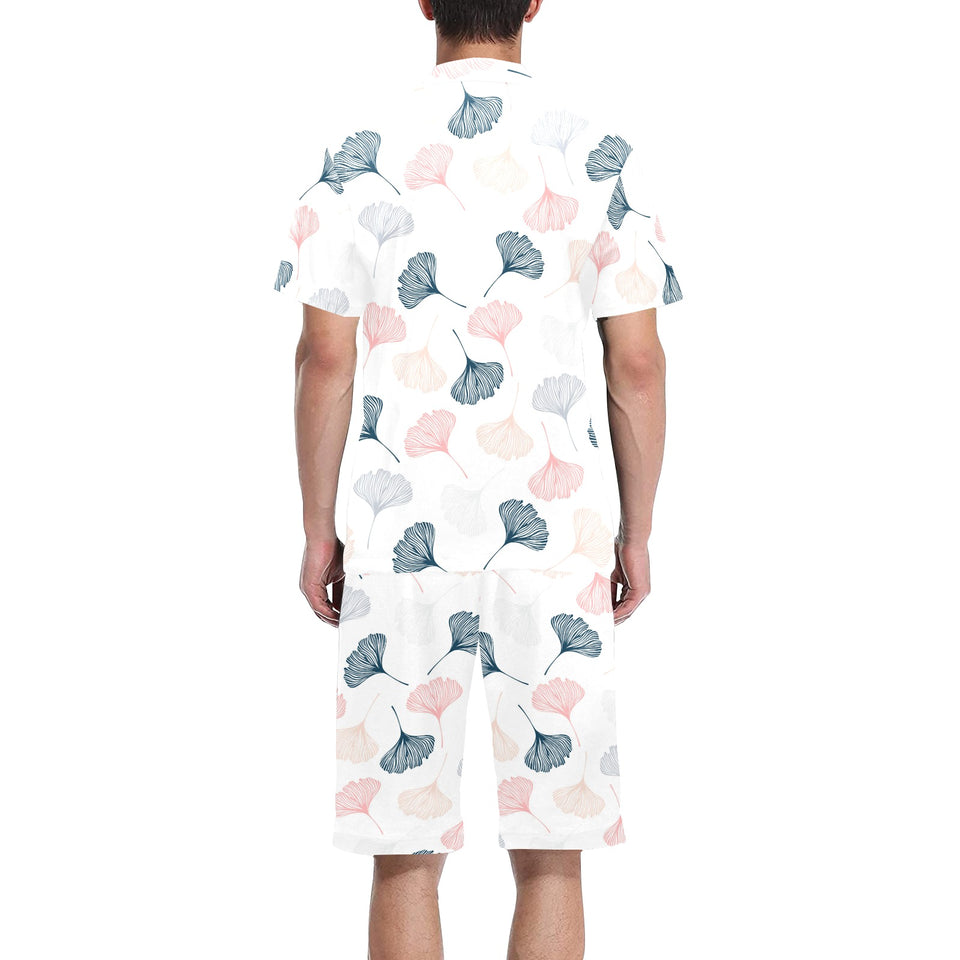 Black Gray Cream coral ginkgo leaves pattern Men's V-Neck Short Pajama Set