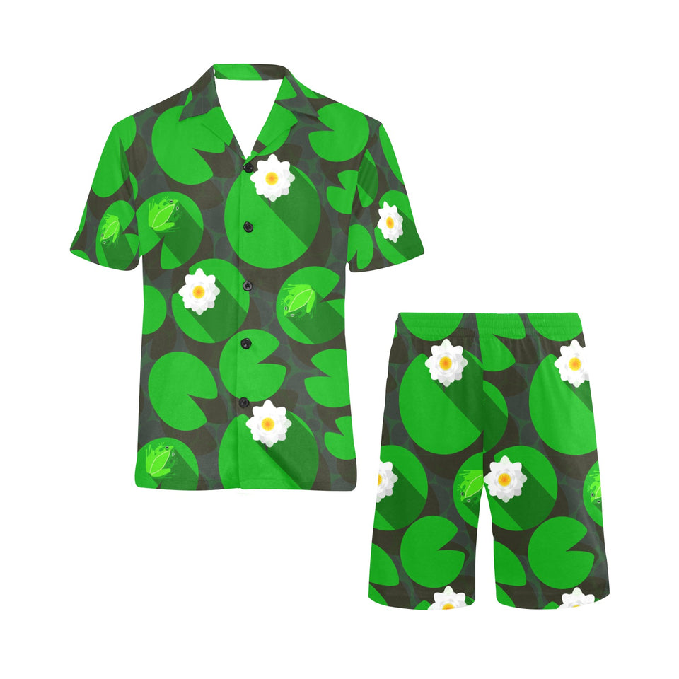 Frog waterlily pattern Men's V-Neck Short Pajama Set