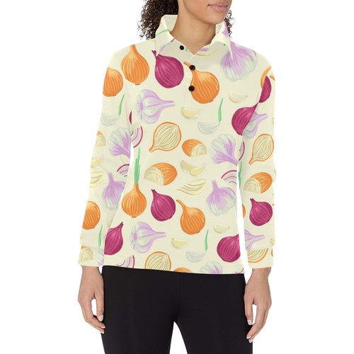 Onion garlic white red pattern Women's Long Sleeve Polo Shirt