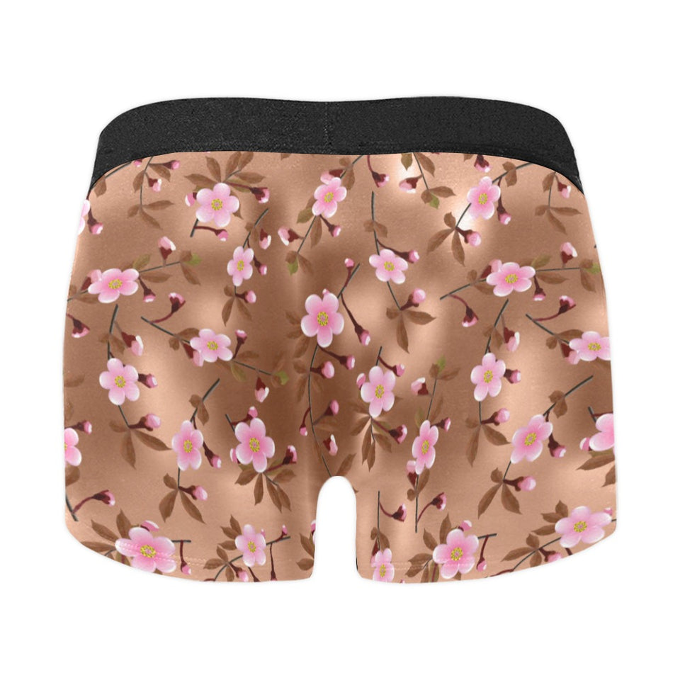Pink sakura cherry blossom drak brown background Men's All Over Print Boxer Briefs Men's Underwear