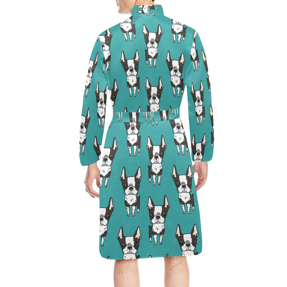 Hand drawn boston terrier dog pattern Men's Long Sleeve Belted Night Robe
