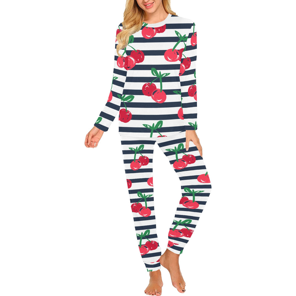 Hand drawn cherry pattern striped background Women's All Over Print Pajama Set