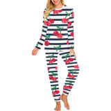 Hand drawn cherry pattern striped background Women's All Over Print Pajama Set