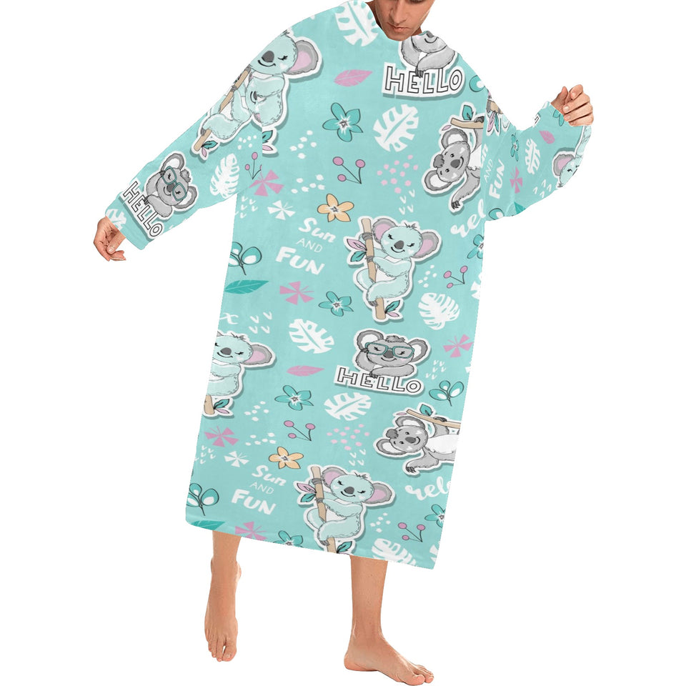 Cute koalas blue background pattern Blanket Robe with Sleeves