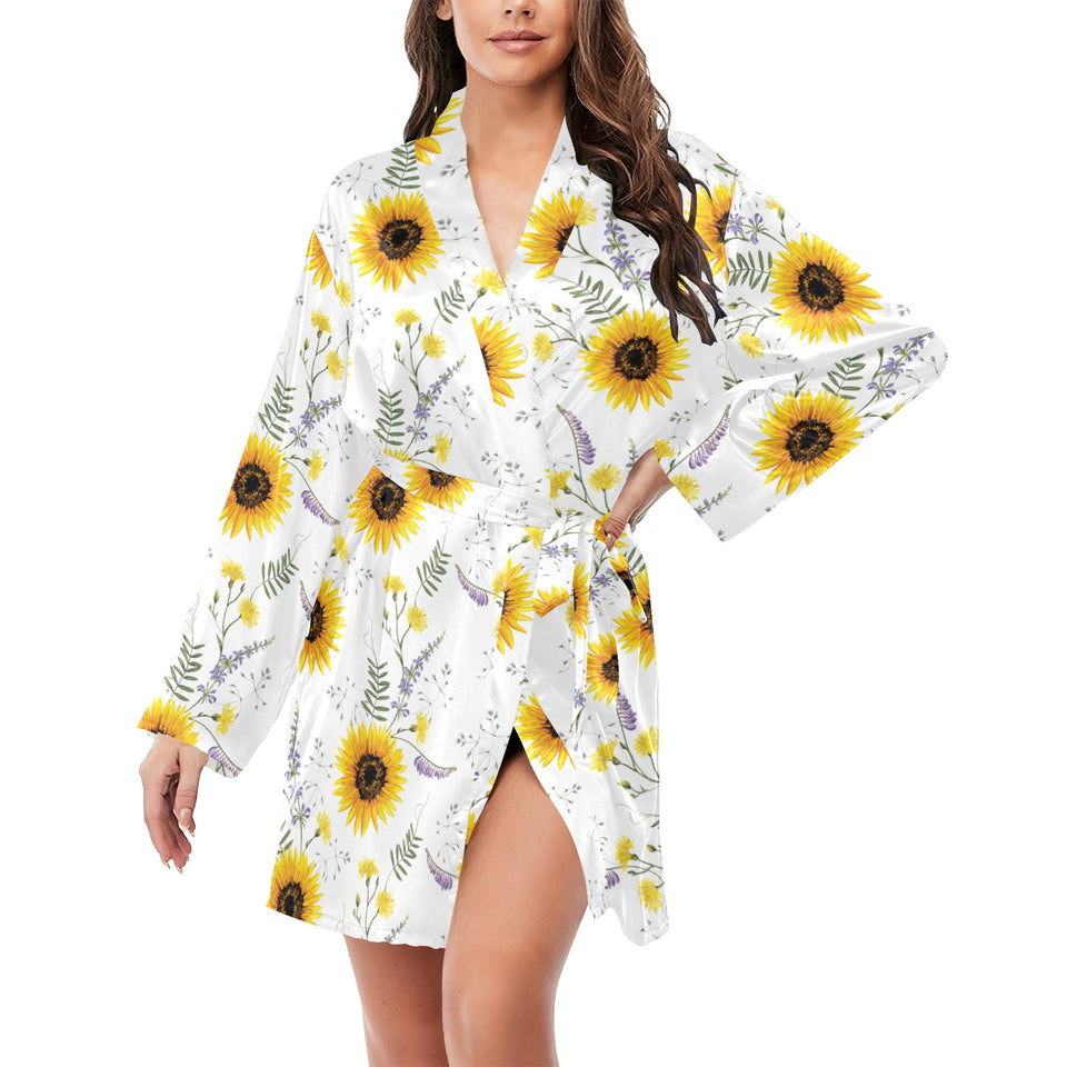 beautiful sunflowers pattern Women's Long Sleeve Belted Night Robe