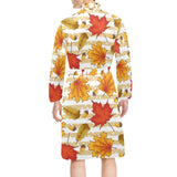 Maple leaf oak leaf acorns beige striped backgroun Men's Long Sleeve Belted Night Robe