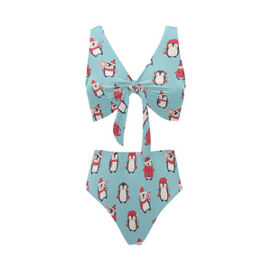 Cute penguin christmas design pattern Chest Bowknot High Waisted Bikini Swimsuit