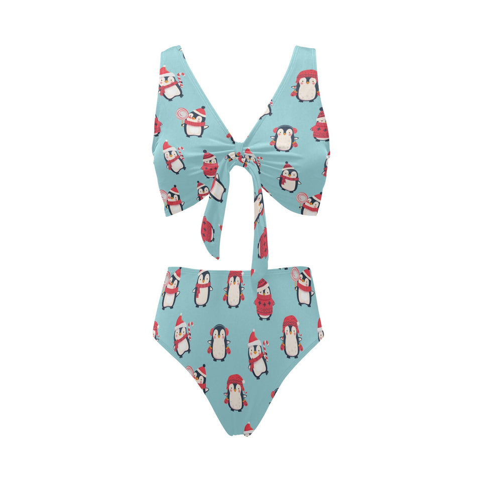 Cute penguin christmas design pattern Chest Bowknot High Waisted Bikini Swimsuit