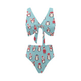 Cute penguin christmas design pattern Chest Bowknot High Waisted Bikini Swimsuit