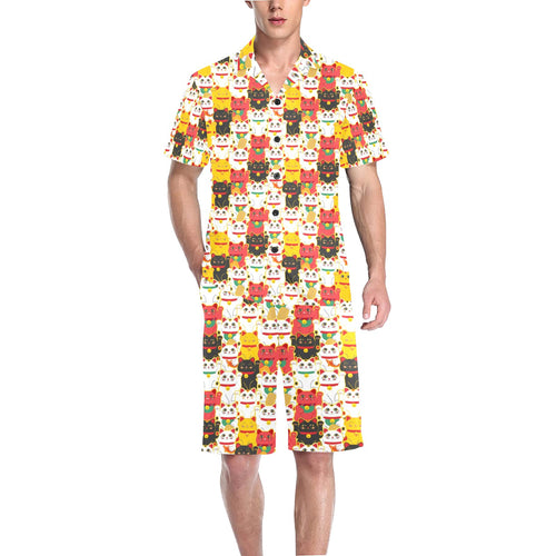 Colorful Maneki neko cat pattern Men's V-Neck Short Pajama Set