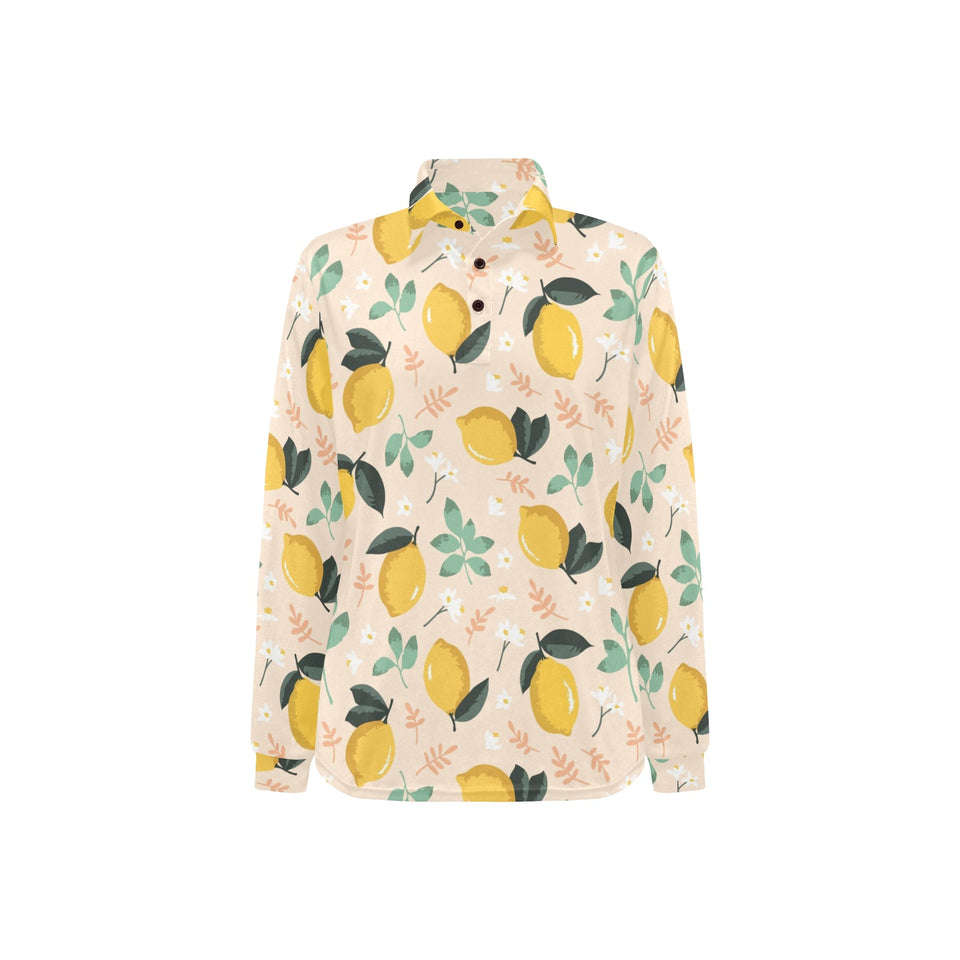lemon flower leave pattern Women's Long Sleeve Polo Shirt