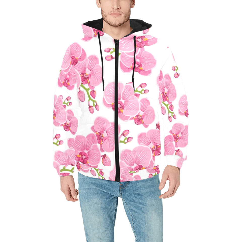 pink purple orchid pattern background Men's Padded Hooded Jacket
