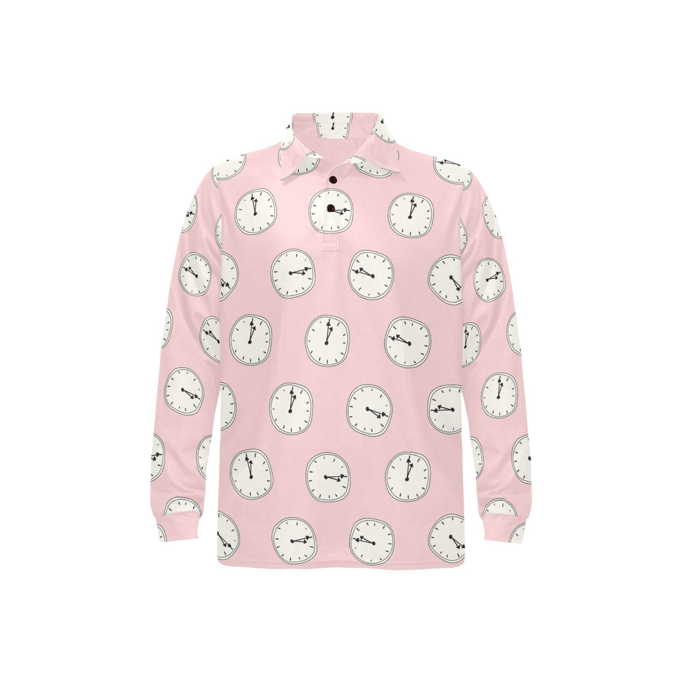 Clock pattern pink blackground Men's Long Sleeve Polo Shirt