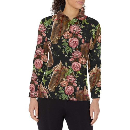 Horse head wild roses pattern Women's Long Sleeve Polo Shirt