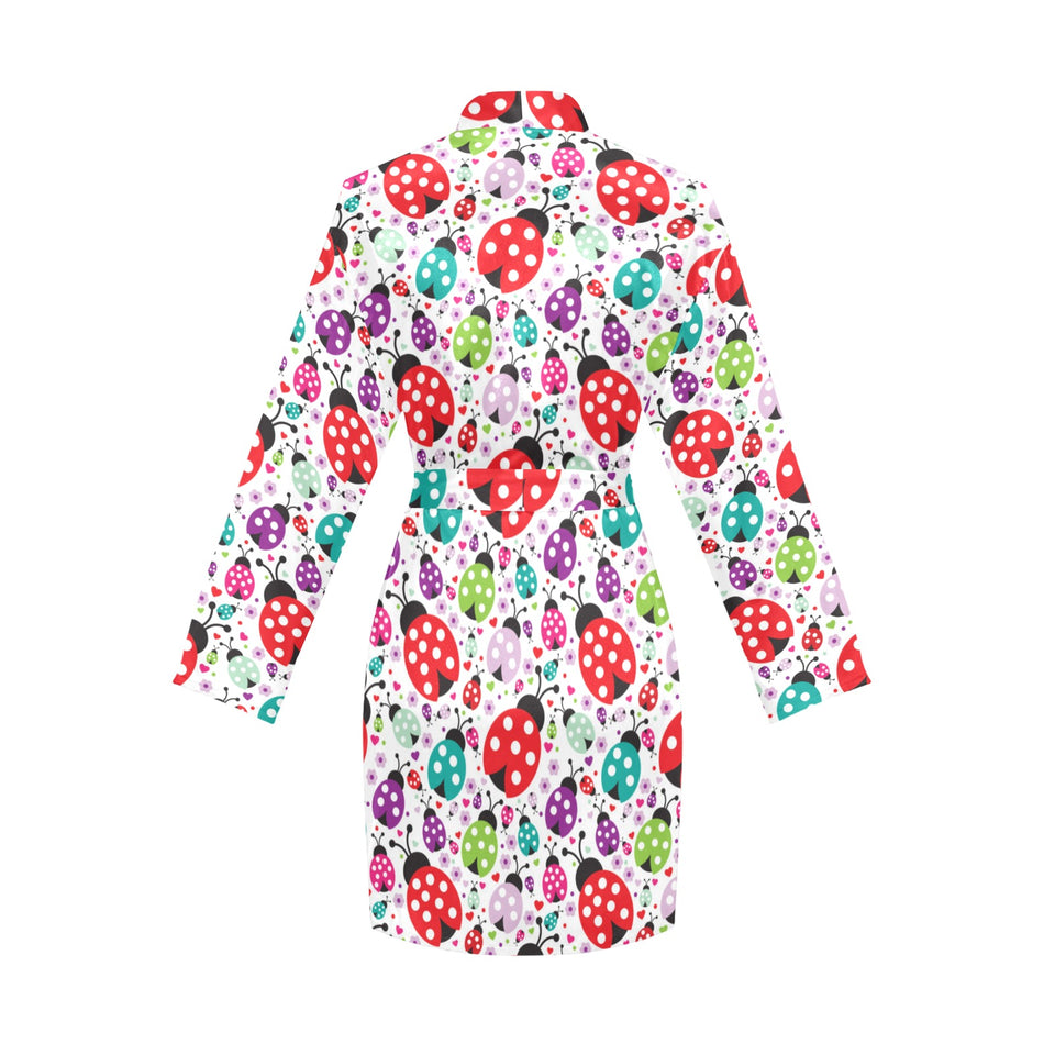 Ladybug Pattern Print Design 03 Women's Long Sleeve Belted Night Robe