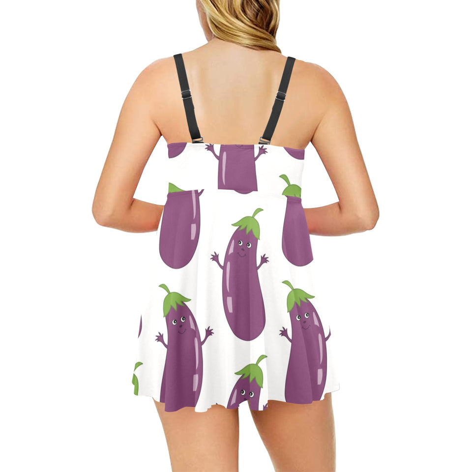 Eggplant Pattern Print Design 01 Chest Sexy Pleated Two Piece Swim Dress