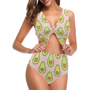Avocado heart pink background Chest Bowknot High Waisted Bikini Swimsuit