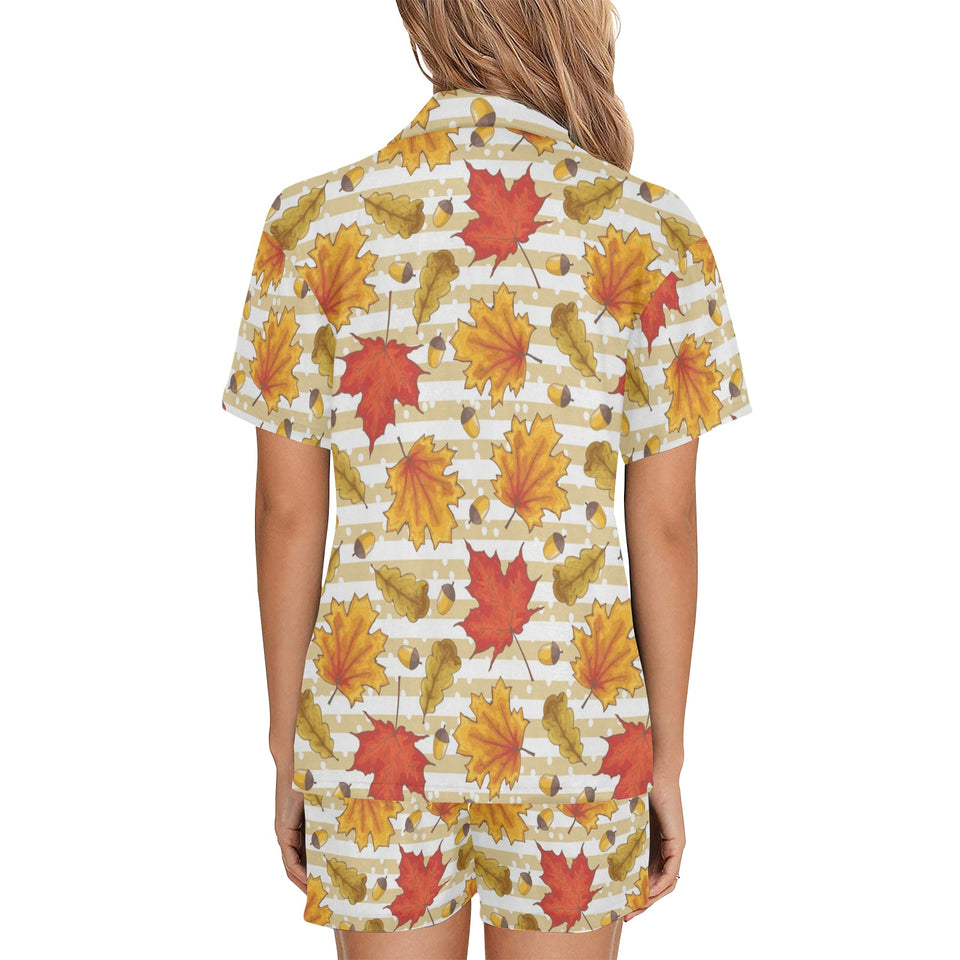Maple leaf oak leaf acorns beige striped backgroun Women's V-Neck Short Pajama Set