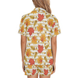 Maple leaf oak leaf acorns beige striped backgroun Women's V-Neck Short Pajama Set