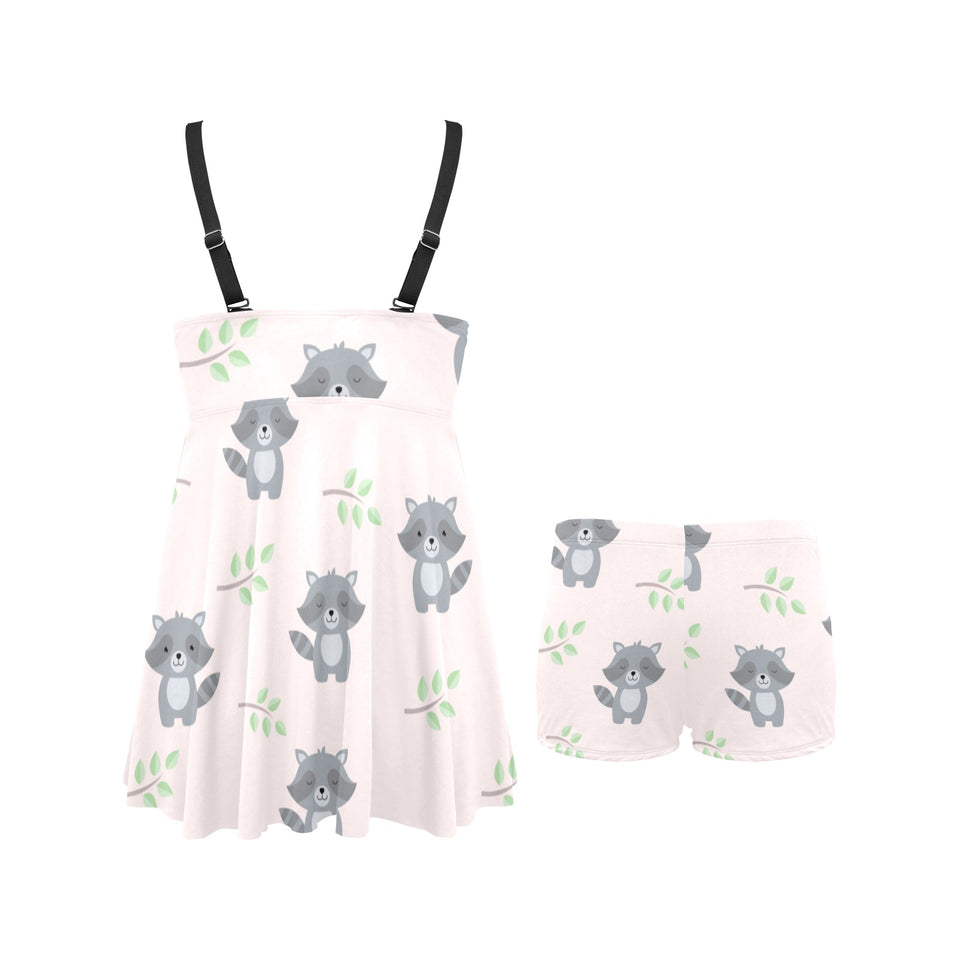 cute raccoons leaves pattern Chest Sexy Pleated Two Piece Swim Dress