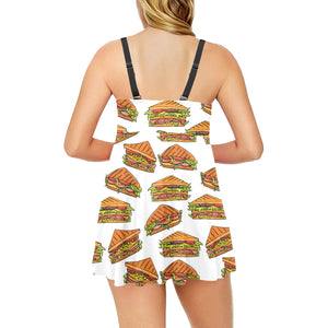 Sandwich Pattern Print Design 02 Chest Sexy Pleated Two Piece Swim Dress