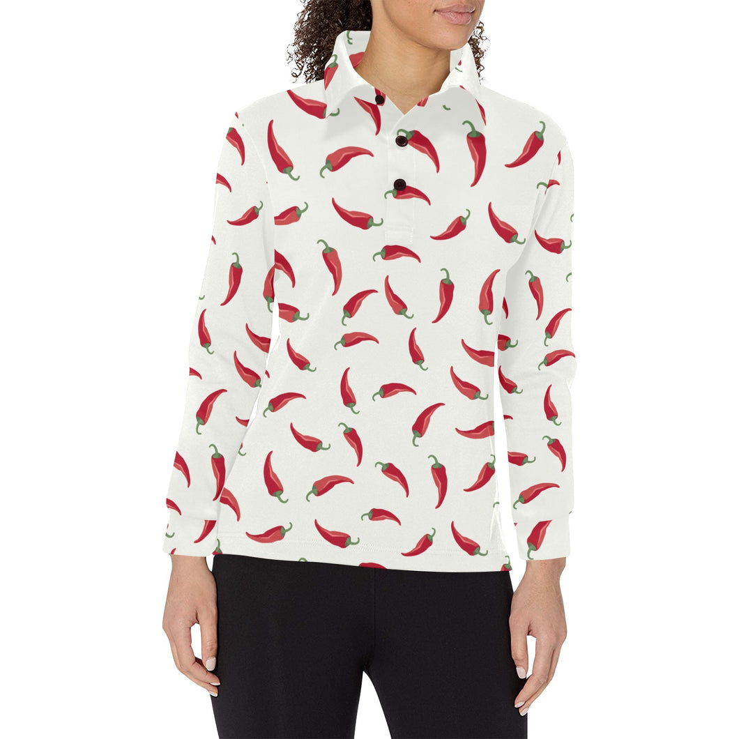 Chili peppers pattern Women's Long Sleeve Polo Shirt
