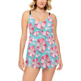 3D sakura cherry blossom pattern Chest Sexy Pleated Two Piece Swim Dress