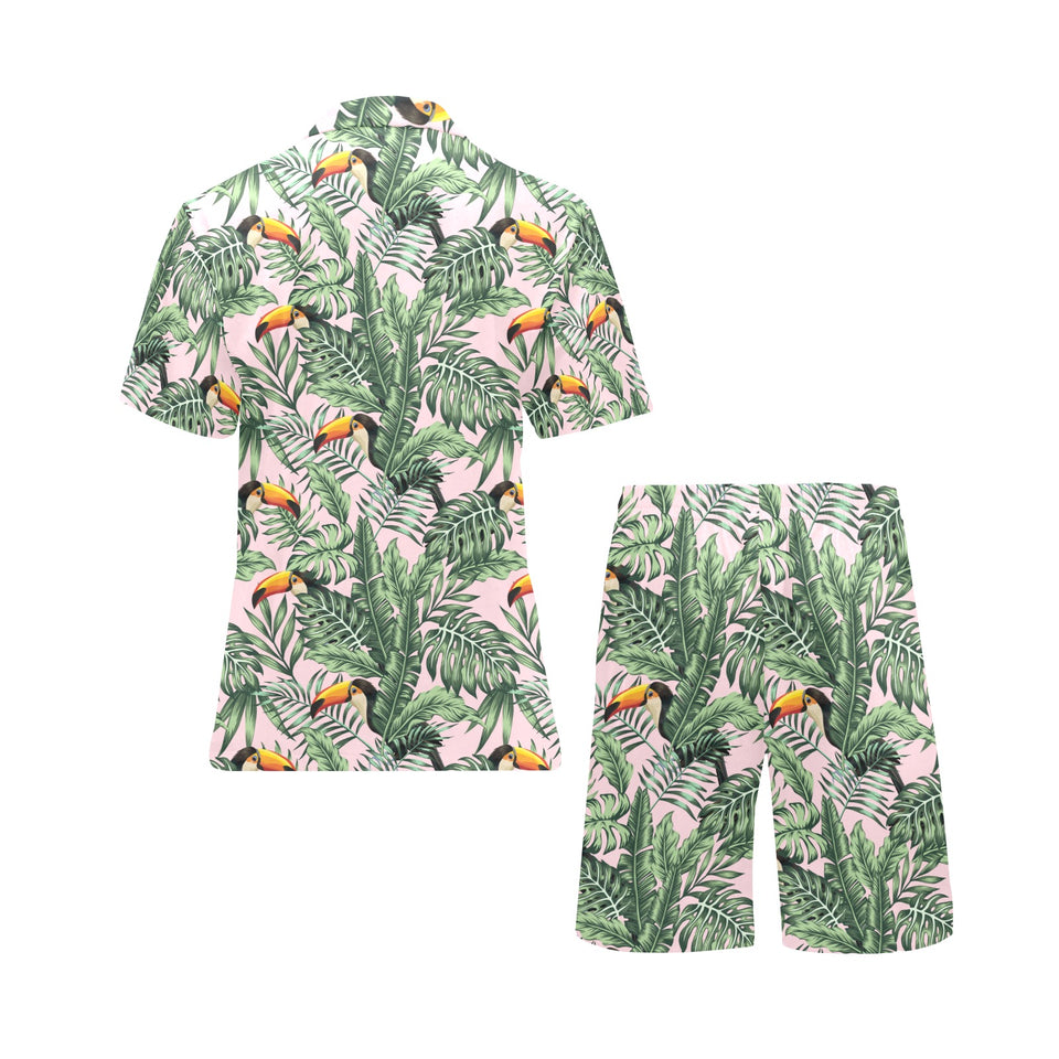 Toucan tropical green jungle palm pattern Men's V-Neck Short Pajama Set