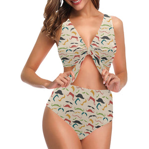 Mustache Beard Pattern Print Design 03 Chest Bowknot High Waisted Bikini Swimsuit