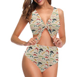 Mustache Beard Pattern Print Design 03 Chest Bowknot High Waisted Bikini Swimsuit