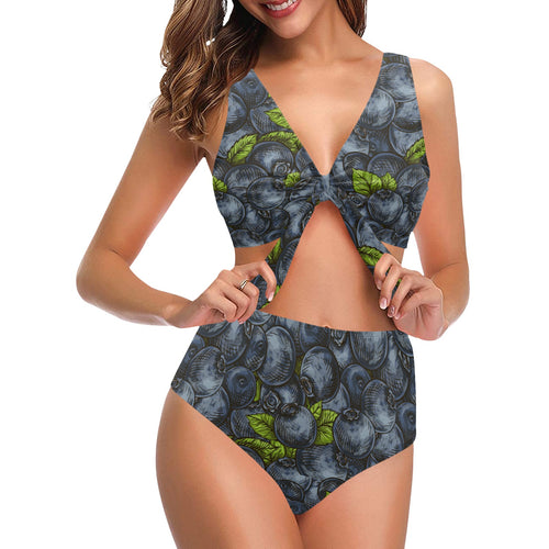 blueberry pattern Chest Bowknot High Waisted Bikini Swimsuit