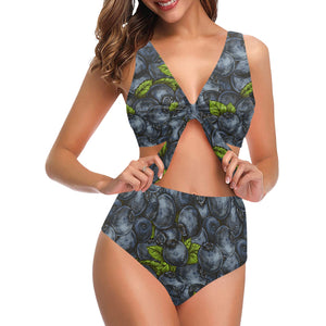 blueberry pattern Chest Bowknot High Waisted Bikini Swimsuit