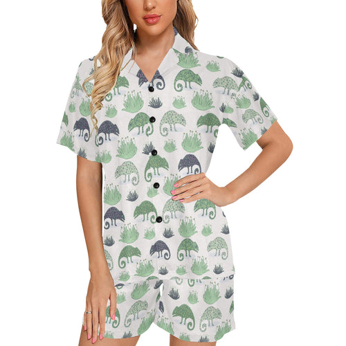 Chameleon lizard succulent plant pattern Women's V-Neck Short Pajama Set