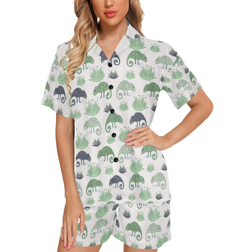 Chameleon lizard succulent plant pattern Women's V-Neck Short Pajama Set