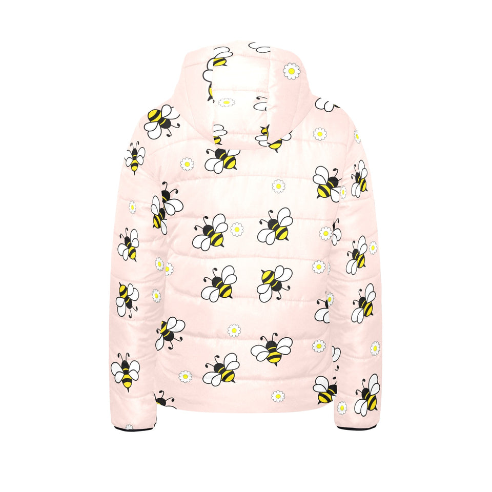 Cute bee flower pattern pink background Kids' Boys' Girls' Padded Hooded Jacket
