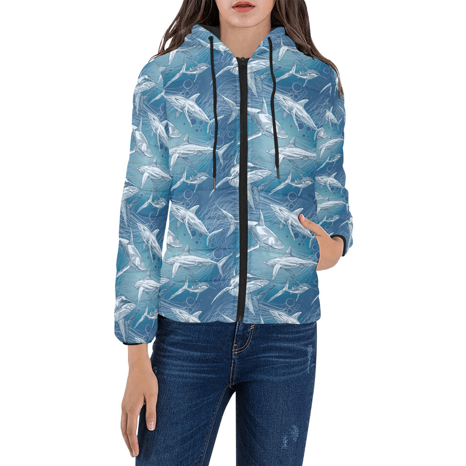 Shark hand drawn Women's Padded Hooded Jacket