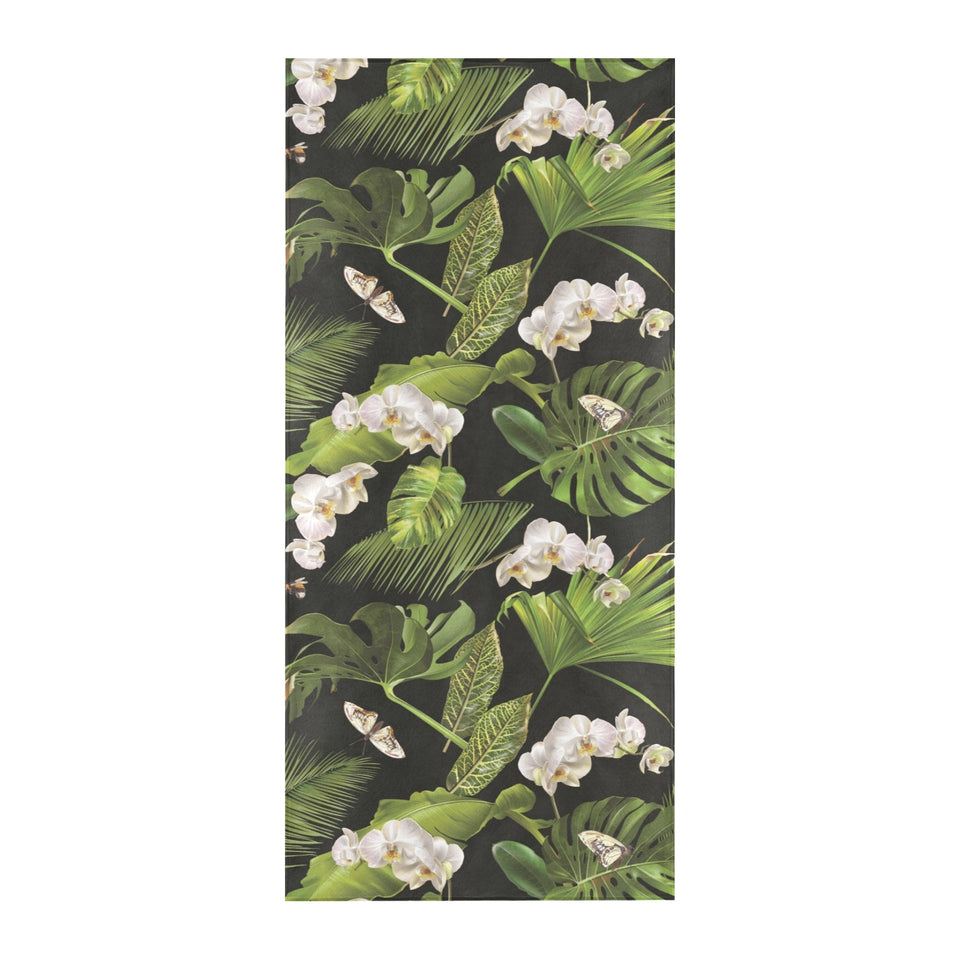 White orchid flower tropical leaves pattern blackg Beach Towel