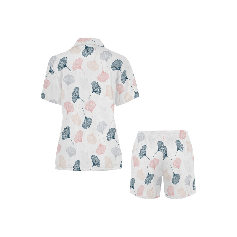 Black Gray Cream coral ginkgo leaves pattern Women's V-Neck Short Pajama Set