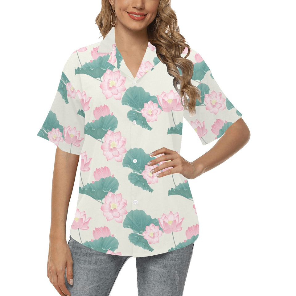 Pink lotus waterlily leaves pattern Women's All Over Print Hawaiian Shirt