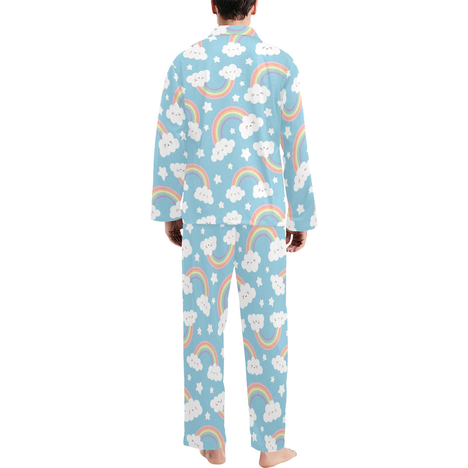 Cute rainbow clound star pattern blue background Men's Long Pajama Set