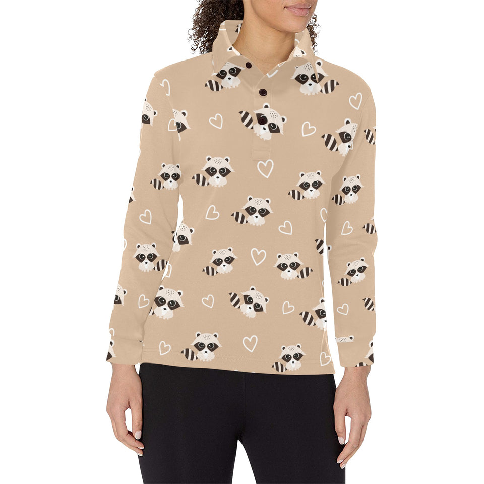 Cute raccoon heart pattern Women's Long Sleeve Polo Shirt